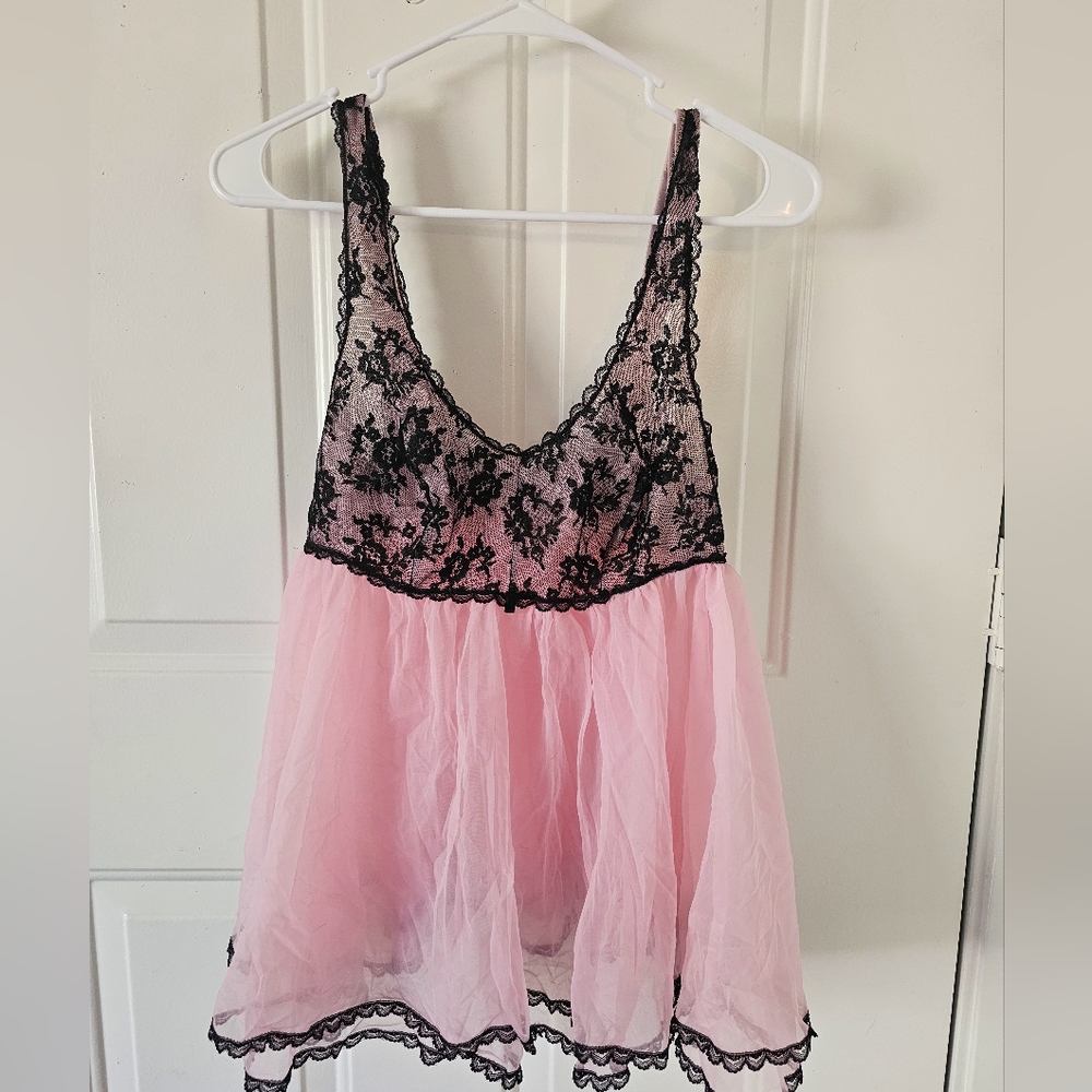 RoVel Vtg Chic Sheer See Through Black‎ Lace Sexy Pink Camisole Top Size M